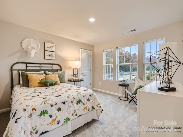 bedroom featuring carpet floors, recessed lighting, visible vents, and baseboards