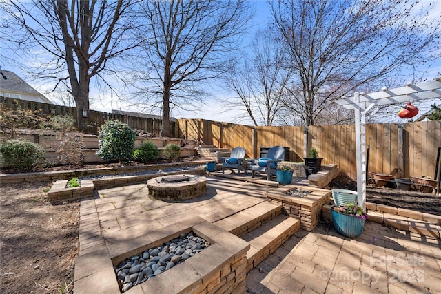 view of patio / terrace featuring an outdoor fire pit and a fenced backyard