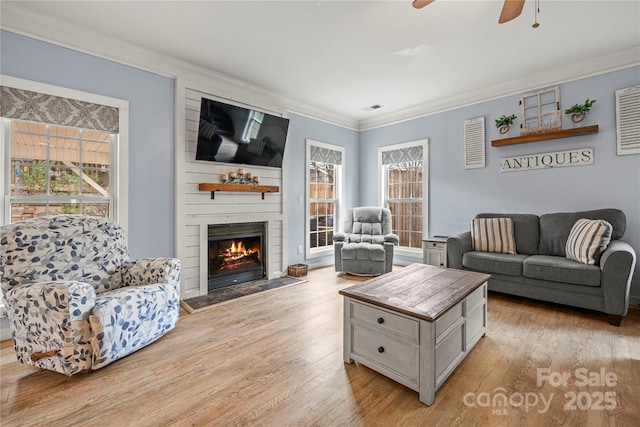 living room featuring light wood finished floors, a healthy amount of sunlight, and crown molding