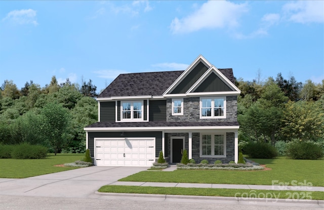 view of front of house with a garage, concrete driveway, stone siding, roof with shingles, and a front lawn