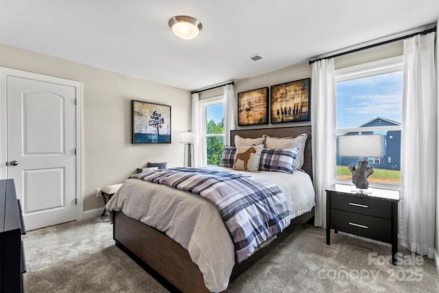 bedroom with carpet, visible vents, and baseboards