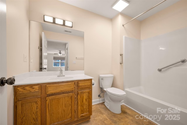 full bath with visible vents, tub / shower combination, toilet, tile patterned floors, and vanity