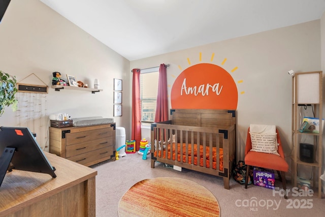 bedroom featuring lofted ceiling and carpet flooring