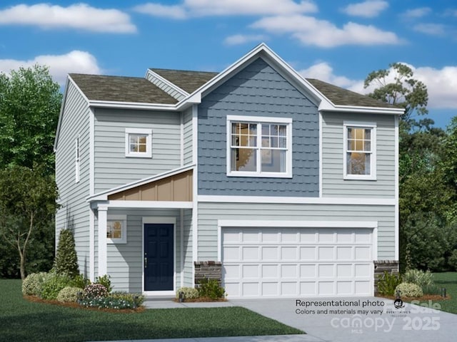 view of front of home featuring a garage, stone siding, board and batten siding, and concrete driveway