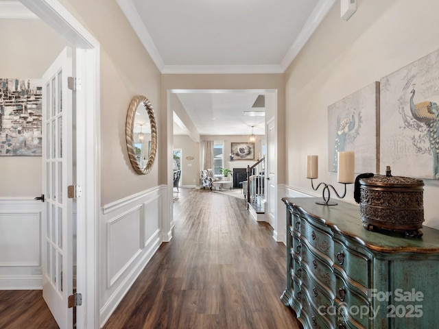 hallway with a wainscoted wall, dark wood-style floors, ornamental molding, and a decorative wall