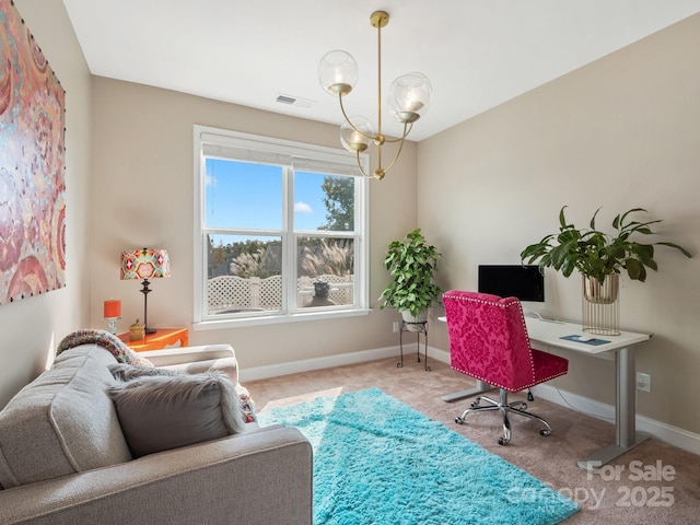 carpeted office featuring visible vents, baseboards, and an inviting chandelier