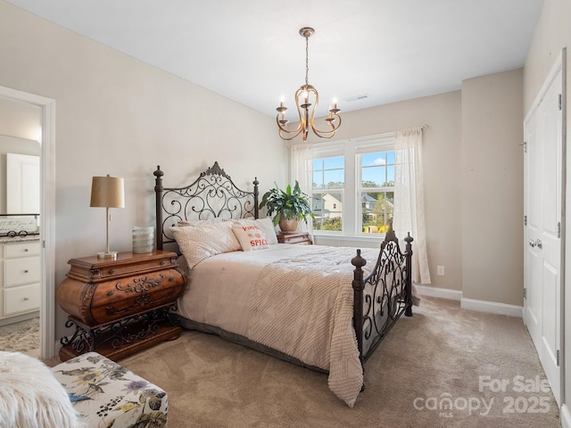 bedroom with visible vents, baseboards, light colored carpet, and a chandelier