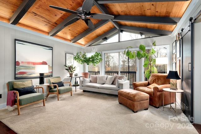 living area with a barn door, carpet floors, wooden ceiling, ceiling fan, and vaulted ceiling with beams