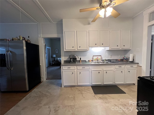 kitchen featuring ceiling fan, white cabinets, black range with electric stovetop, and stainless steel fridge with ice dispenser