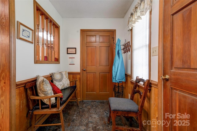 interior space with wooden walls, carpet flooring, a textured ceiling, and wainscoting