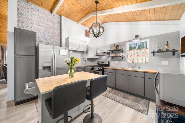 kitchen featuring appliances with stainless steel finishes, butcher block counters, a sink, and open shelves