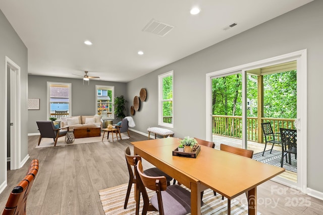 dining space featuring recessed lighting, visible vents, light wood-style floors, ceiling fan, and baseboards