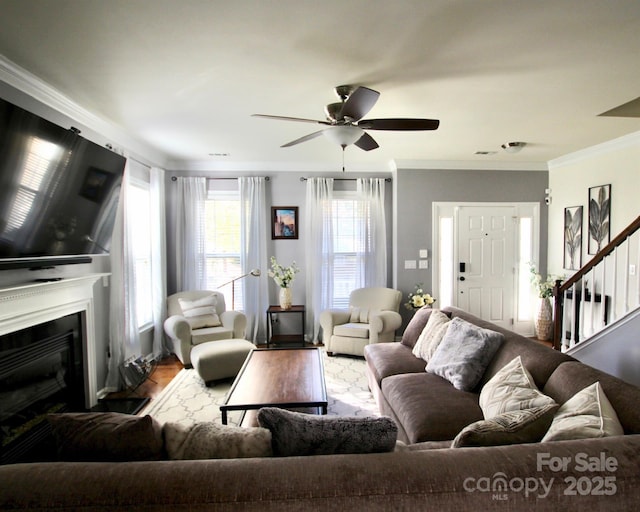 living area with crown molding, a ceiling fan, a glass covered fireplace, wood finished floors, and stairs