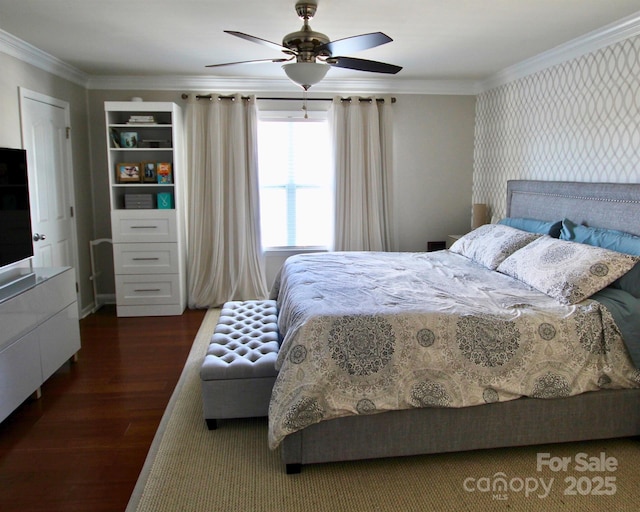 bedroom featuring ornamental molding, wallpapered walls, ceiling fan, and dark wood-style floors