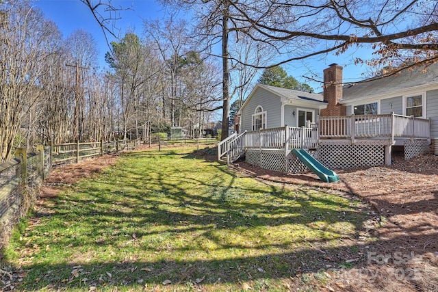 view of yard with a fenced backyard and a wooden deck