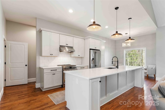 kitchen featuring decorative backsplash, high quality appliances, light countertops, under cabinet range hood, and a sink