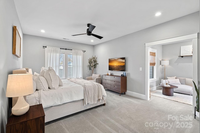 bedroom featuring recessed lighting, baseboards, carpet floors, and a ceiling fan