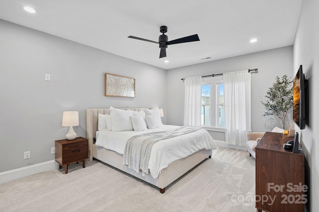 carpeted bedroom featuring visible vents, recessed lighting, baseboards, and ceiling fan