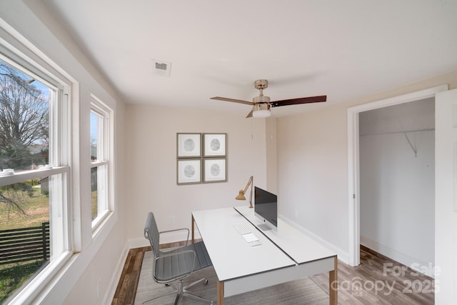 office with wood finished floors, plenty of natural light, ceiling fan, and baseboards