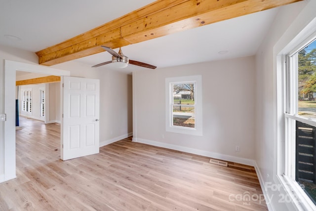 empty room featuring baseboards, light wood-style floors, beamed ceiling, and ceiling fan