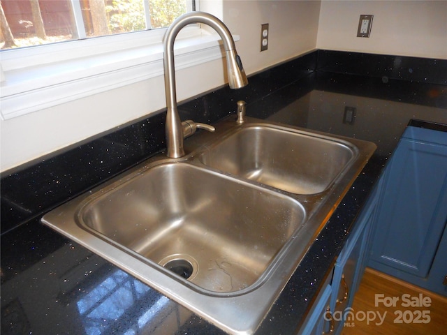 details with a sink and blue cabinetry