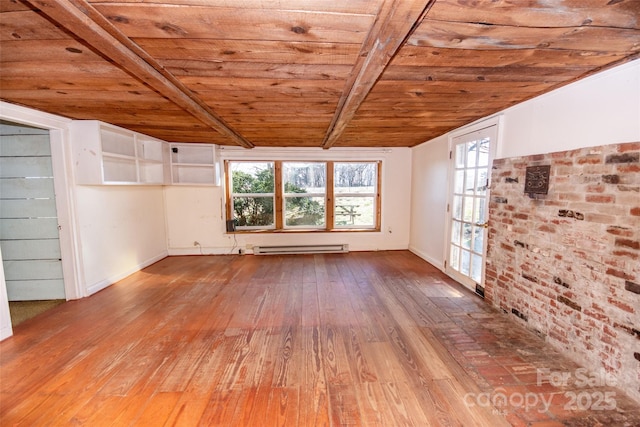 unfurnished room featuring a healthy amount of sunlight, wood ceiling, wood-type flooring, and baseboard heating