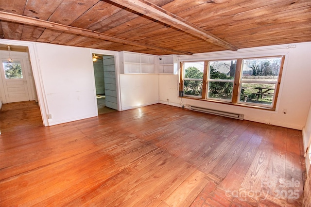 unfurnished bedroom with a baseboard heating unit, wooden ceiling, and hardwood / wood-style flooring