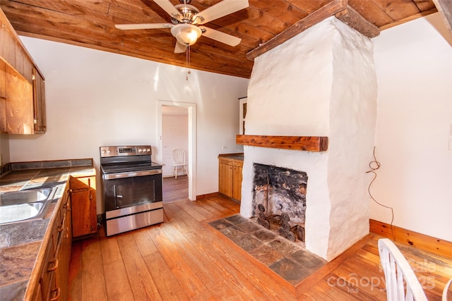 kitchen featuring a fireplace, a sink, light wood-type flooring, brown cabinets, and stainless steel electric range oven