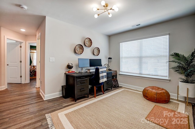 home office featuring baseboards, visible vents, wood finished floors, a chandelier, and recessed lighting