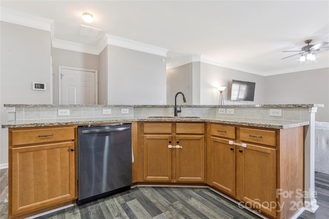 kitchen featuring dark wood-style floors, crown molding, a sink, light stone countertops, and dishwasher