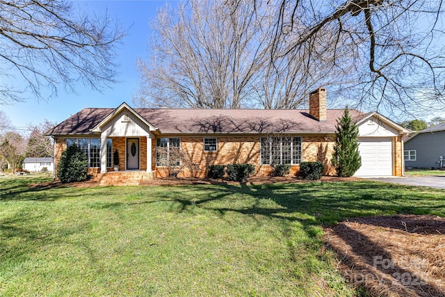 ranch-style home featuring a front lawn, aphalt driveway, brick siding, and a chimney