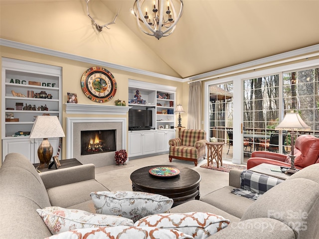 carpeted living room featuring a fireplace with flush hearth, a notable chandelier, high vaulted ceiling, and built in features