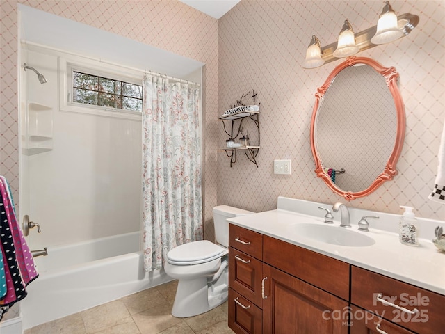 full bath featuring shower / bath combination with curtain, toilet, vanity, tile patterned flooring, and wallpapered walls