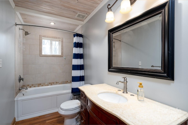 full bath with wood finished floors, visible vents, shower / bath combination with curtain, wooden ceiling, and toilet