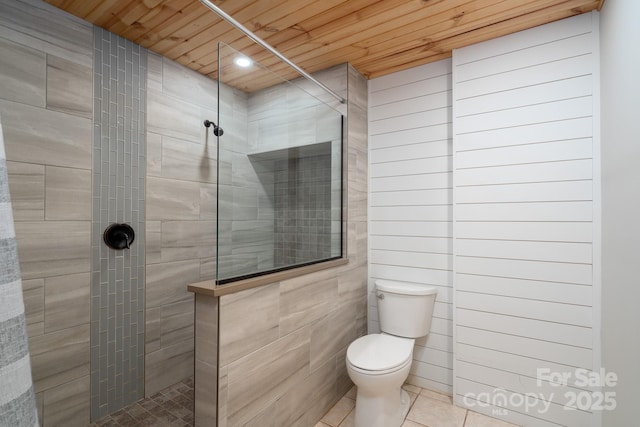 full bathroom with tile patterned floors, toilet, wood ceiling, and walk in shower