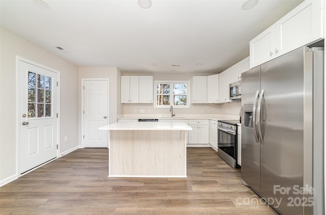 kitchen with wood finished floors, light countertops, appliances with stainless steel finishes, and a sink