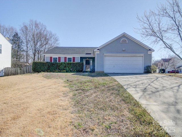 ranch-style house with a garage, concrete driveway, a front lawn, and fence