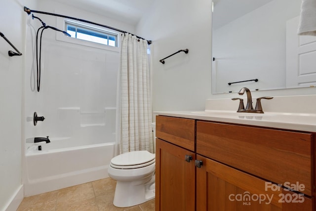 bathroom featuring shower / bathtub combination with curtain, toilet, vanity, and tile patterned flooring