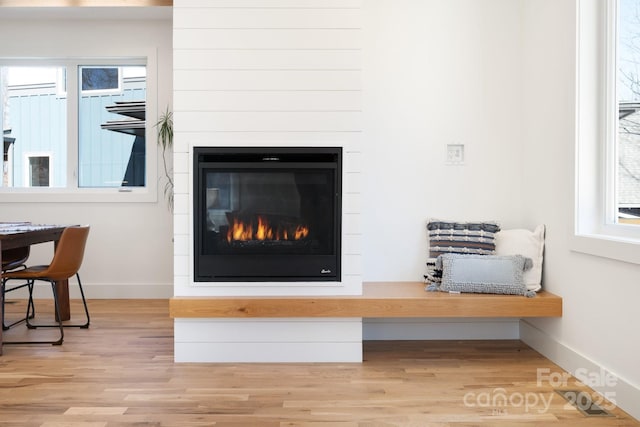 room details featuring a glass covered fireplace, baseboards, and wood finished floors