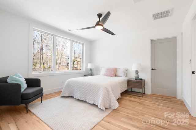 bedroom with ceiling fan, light wood finished floors, and visible vents