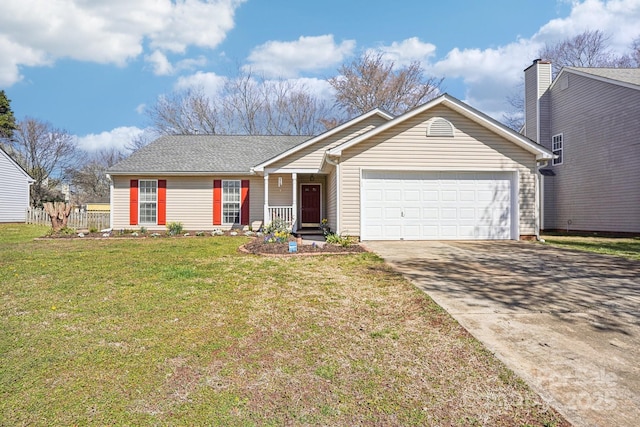 ranch-style home with concrete driveway, fence, a garage, and a front yard