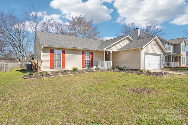 ranch-style home featuring a front yard, a chimney, an attached garage, and fence