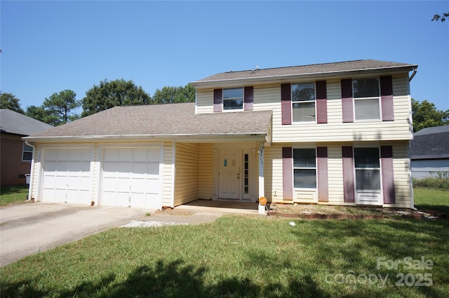 view of front of house with a garage, driveway, a shingled roof, and a front yard