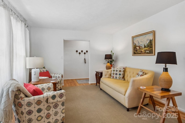 living area with baseboards and wood finished floors