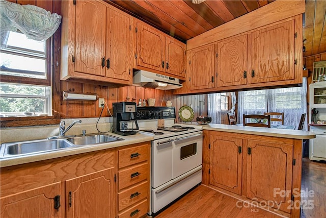 kitchen featuring under cabinet range hood, light countertops, wooden ceiling, white electric stove, and a sink