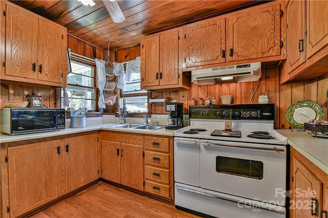 kitchen with white electric stove, a sink, light countertops, wood ceiling, and under cabinet range hood