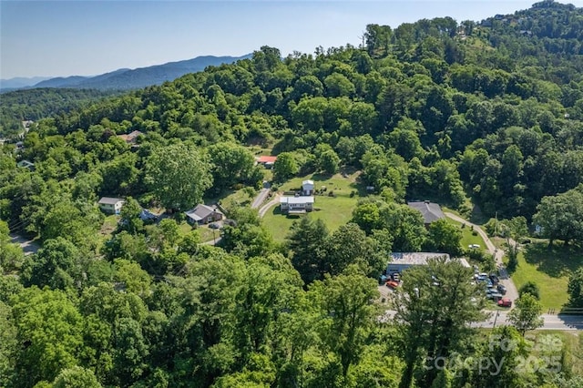 birds eye view of property featuring a mountain view and a forest view