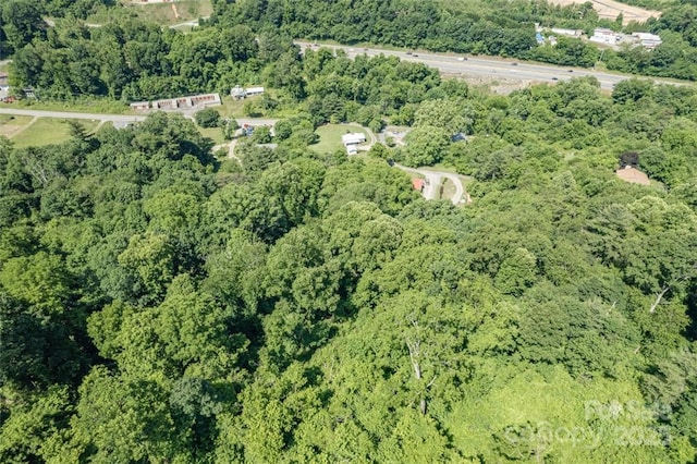 bird's eye view with a wooded view