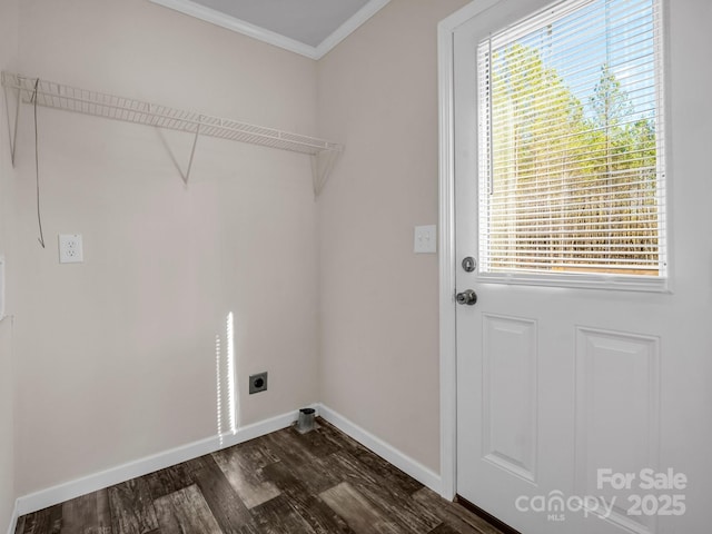 washroom with laundry area, baseboards, ornamental molding, dark wood-style flooring, and hookup for an electric dryer