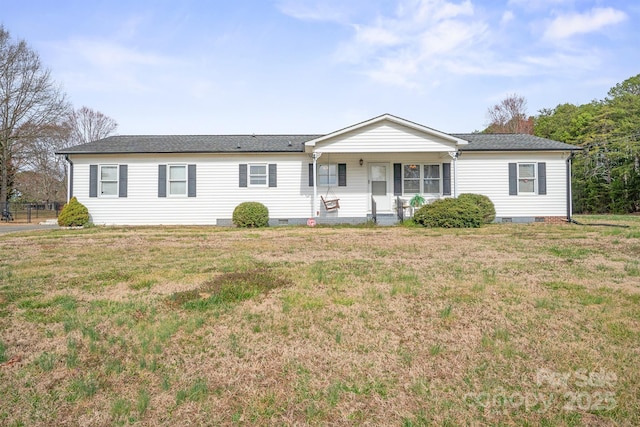 ranch-style house with a front lawn, a porch, and crawl space